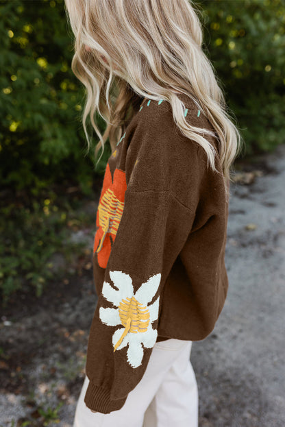 Coffee Big Flower Pattern V Neck Drop Shoulder Sweaterj