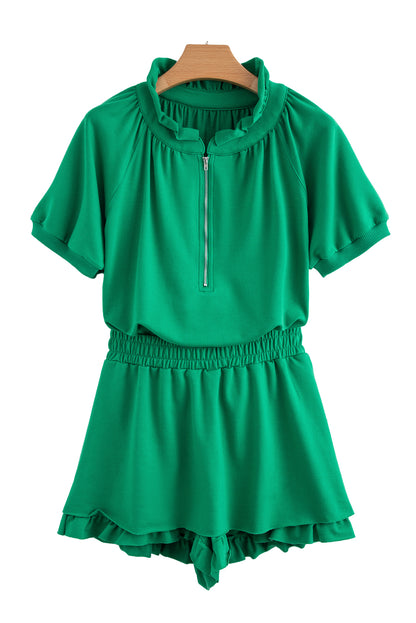 Sea Green Half Zip Puff Sleeve Top and Ruffled Shorts Set