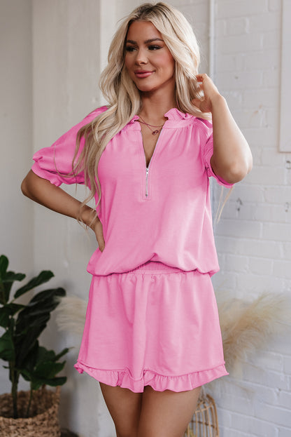 Sea Green Half Zip Puff Sleeve Top and Ruffled Shorts Set
