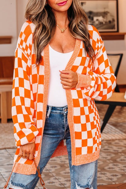 Black Checkered Open Front Drop Shoulder Cardigan