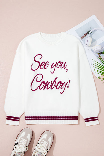 Light Grey See You Cowboy Embroidered Western Graphic Sweater