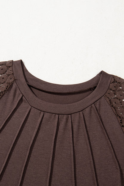 Black Contrast Lace Raglan Sleeve Pleated Detail Shift Dress