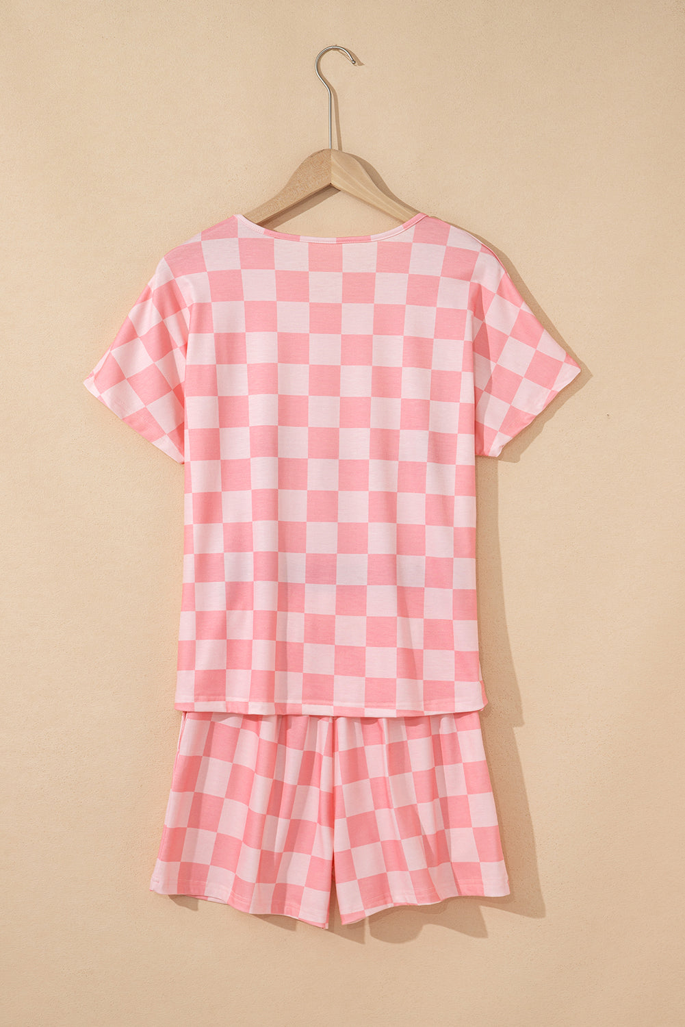 Beige Checkered V Neck Tee Drawstring Shorts Lounge Set
