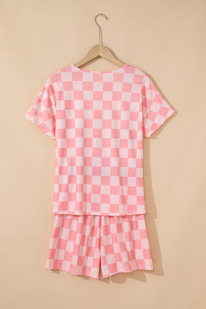 Beige Checkered V Neck Tee Drawstring Shorts Lounge Set