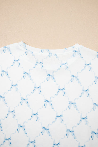 Sky Blue Bow Knot Geometric Print Lettuce Trim Two Piece Lounge Set