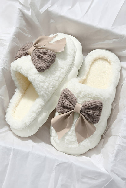 White Contrast Bowknot Applique Plush Winter Slippers (Bow Colors May Differ by Batch) by