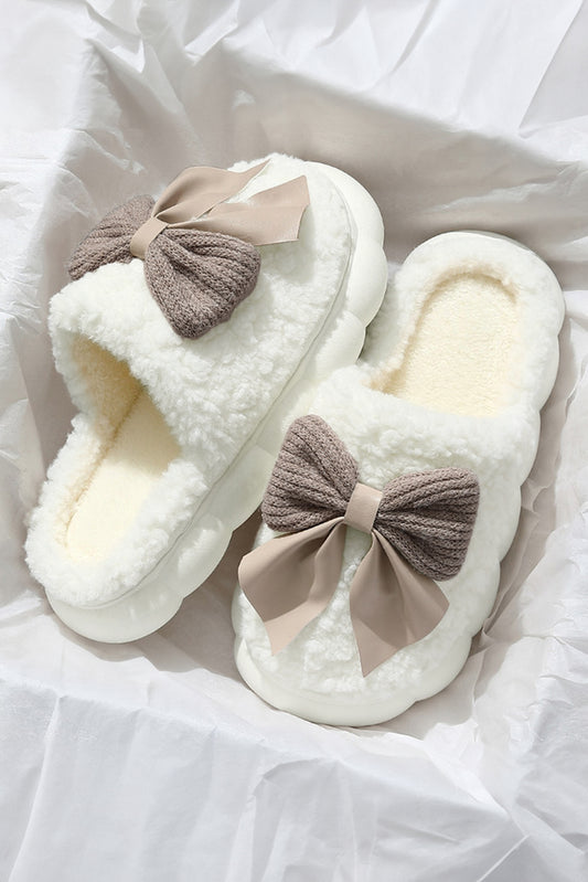 White Contrast Bowknot Applique Plush Winter Slippers (Bow Colors May Differ by Batch) by