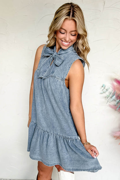 Beau Blue Bowknot Neck Sleeveless Ruffled Chambray Dress