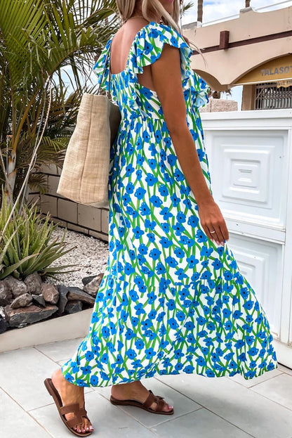 Pink Floral Print Square Neck Ruffled Strap Maxi Dress