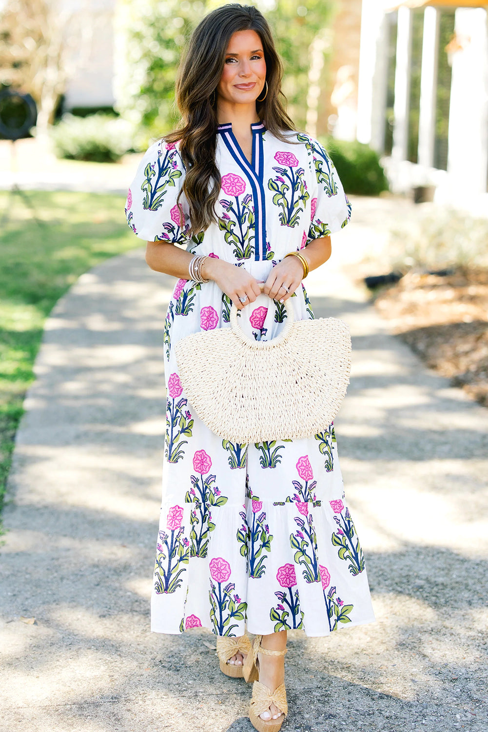 Sky Blue Floral Puff Short Sleeve V Neck High Waist Maxi Dress