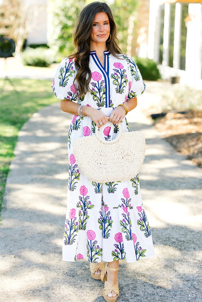 Sky Blue Floral Puff Short Sleeve V Neck High Waist Maxi Dress