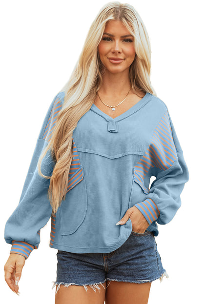 Meadow Mist Green Exposed Seam Waffle Striped Patchwork Baggy Pullover