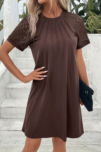 Black Contrast Lace Raglan Sleeve Pleated Detail Shift Dress