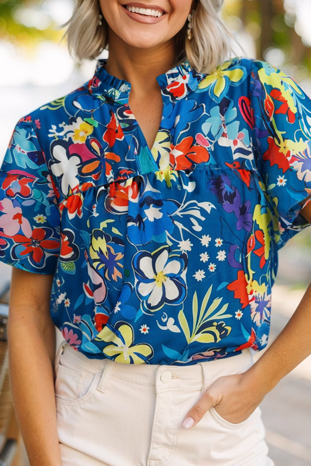 Blue Flower Print Collared V Neck Puff Short Sleeve Loose Blouse