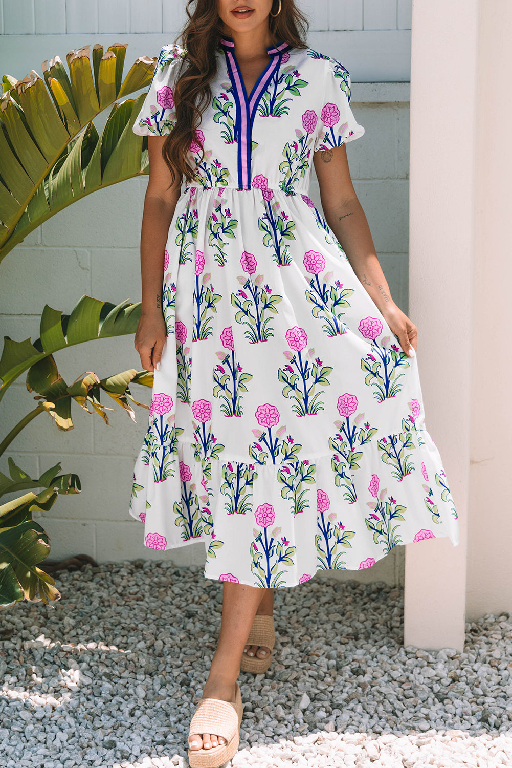 Sky Blue Floral Puff Short Sleeve V Neck High Waist Maxi Dress