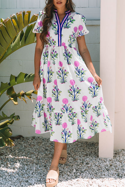 Sky Blue Floral Puff Short Sleeve V Neck High Waist Maxi Dress