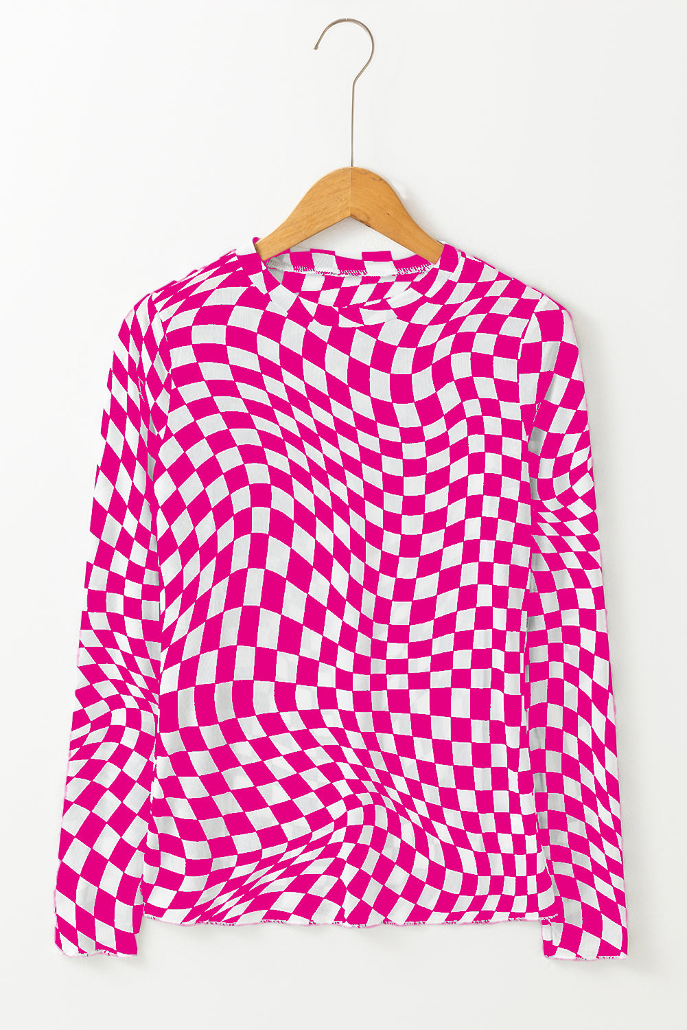Khaki Checkered Pattern Mesh Mock Neck Long Sleeve Top