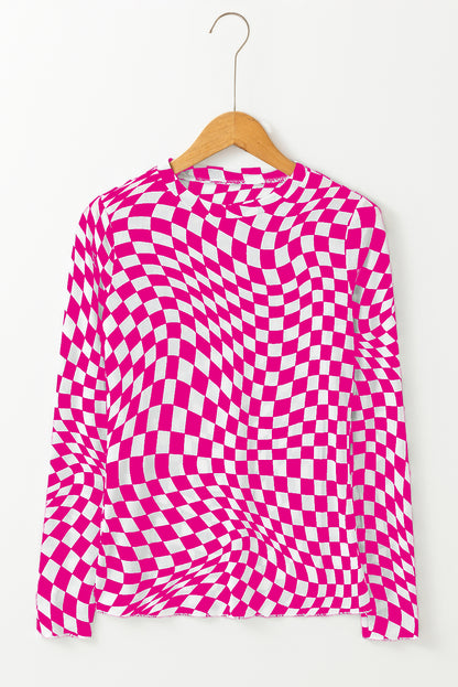 Khaki Checkered Pattern Mesh Mock Neck Long Sleeve Top