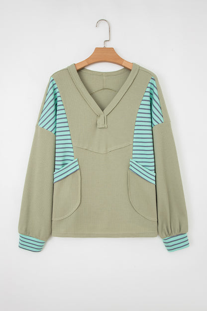 Meadow Mist Green Exposed Seam Waffle Striped Patchwork Baggy Pullover