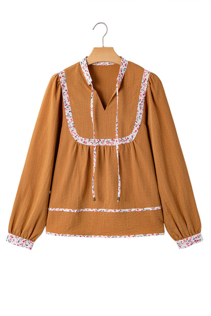 Straw Yellow Split Neck Pleated Floral Trim Long Puff Sleeve Blouse