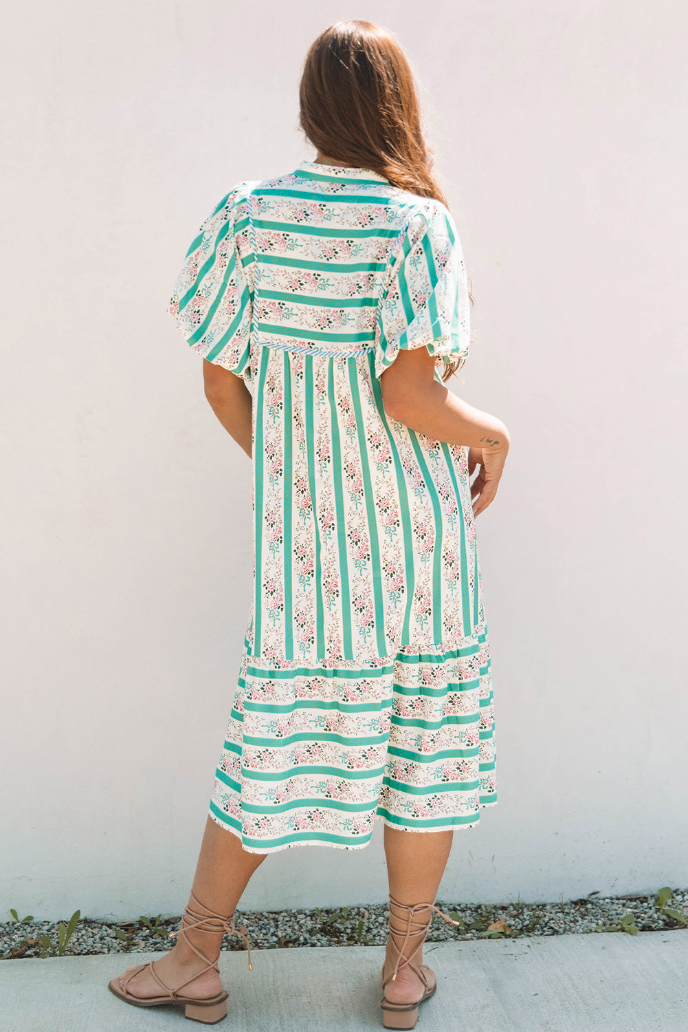 Multicolour Striped Floral Print Tie Split Neck Puff Sleeve Midi Dress No