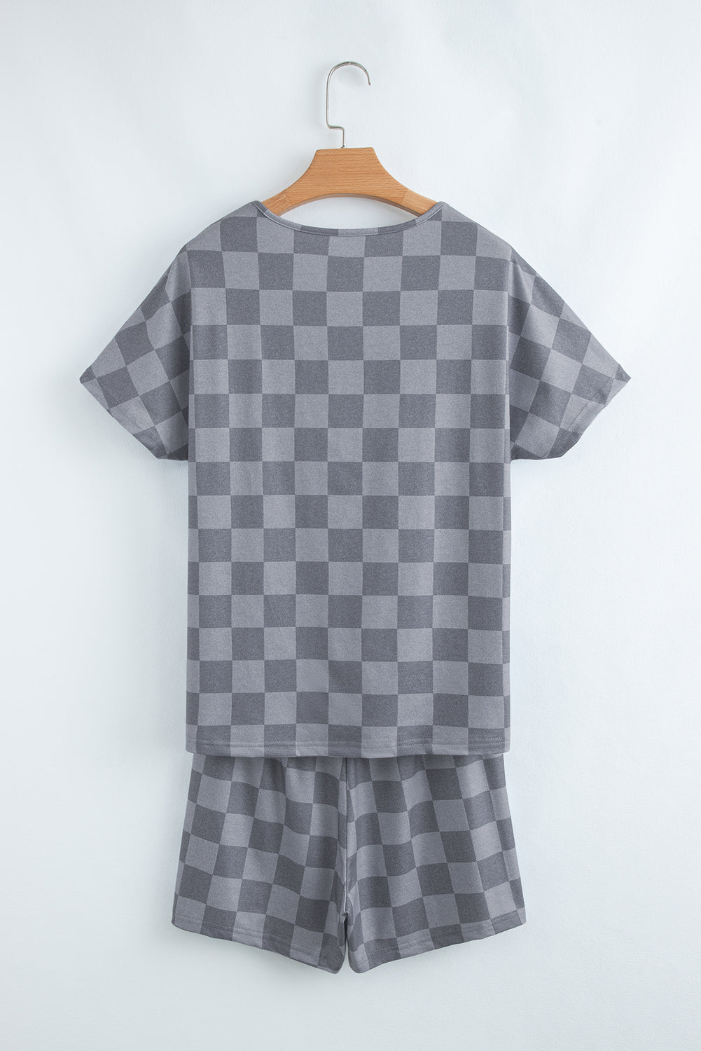 Beige Checkered V Neck Tee Drawstring Shorts Lounge Set