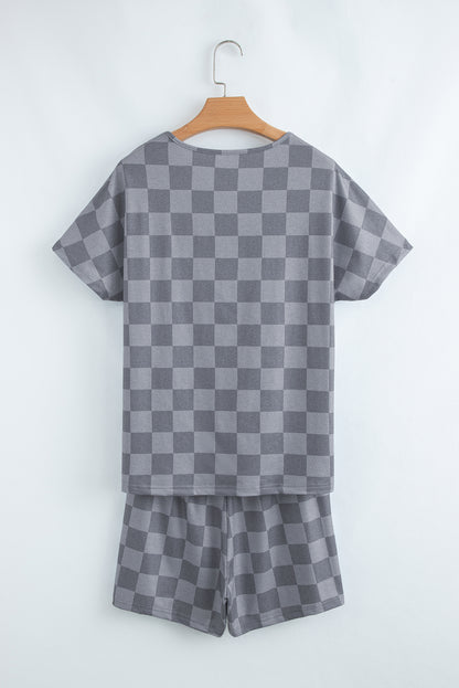 Beige Checkered V Neck Tee Drawstring Shorts Lounge Set