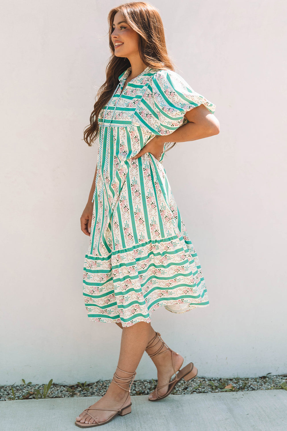 Multicolour Striped Floral Print Tie Split Neck Puff Sleeve Midi Dress No