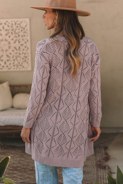 Gray Hollow-out Openwork Knit Cardigan