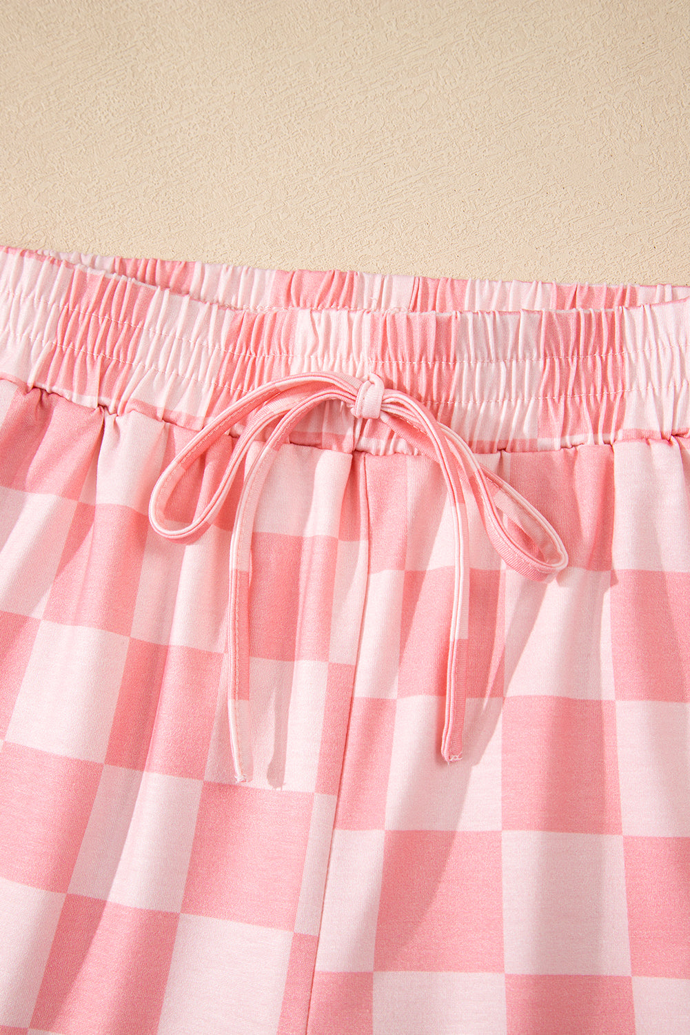 Beige Checkered V Neck Tee Drawstring Shorts Lounge Set