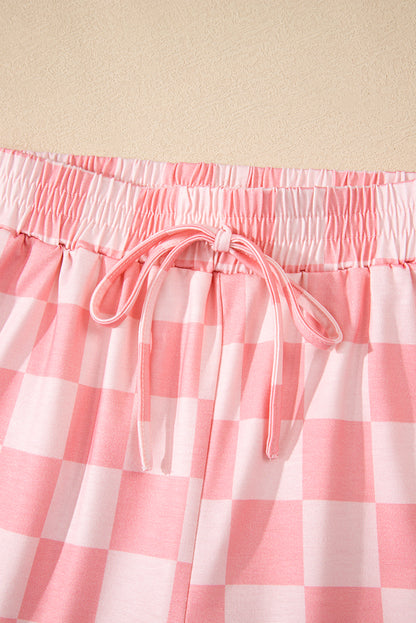 Beige Checkered V Neck Tee Drawstring Shorts Lounge Set