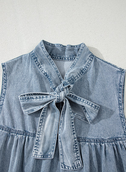 Beau Blue Bowknot Neck Sleeveless Ruffled Chambray Dress