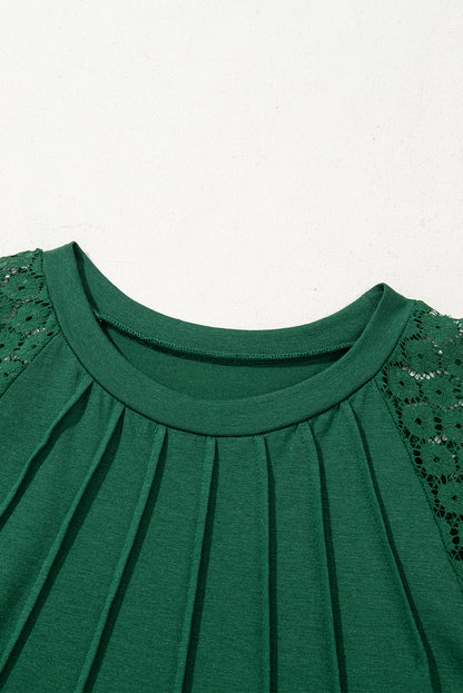 Black Contrast Lace Raglan Sleeve Pleated Detail Shift Dress