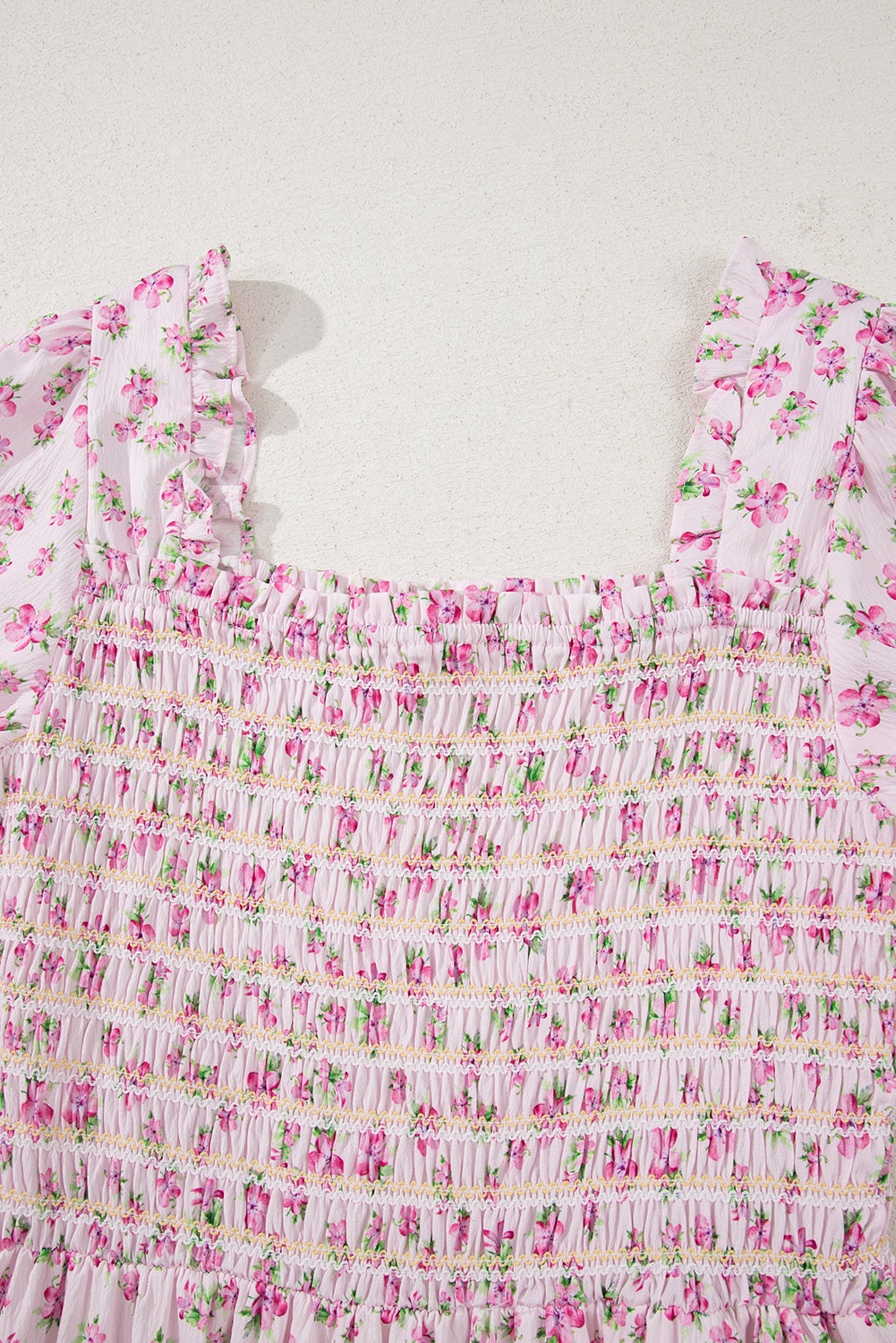 White Frilly Shirred Bodice Tiered Floral Maxi Dress