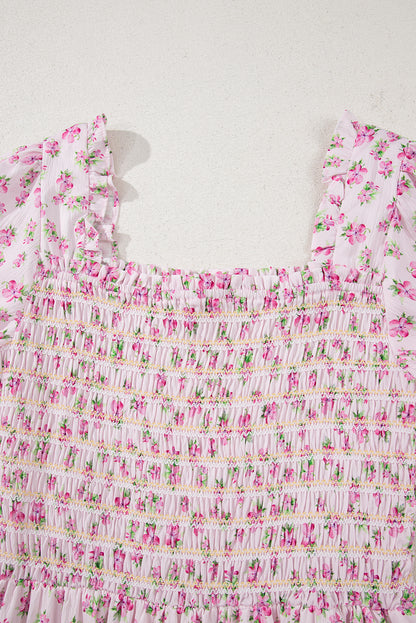 White Frilly Shirred Bodice Tiered Floral Maxi Dress