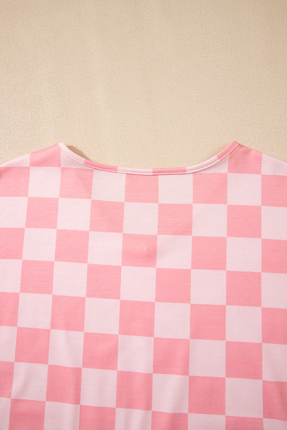 Beige Checkered V Neck Tee Drawstring Shorts Lounge Set