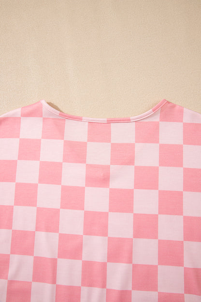 Beige Checkered V Neck Tee Drawstring Shorts Lounge Set