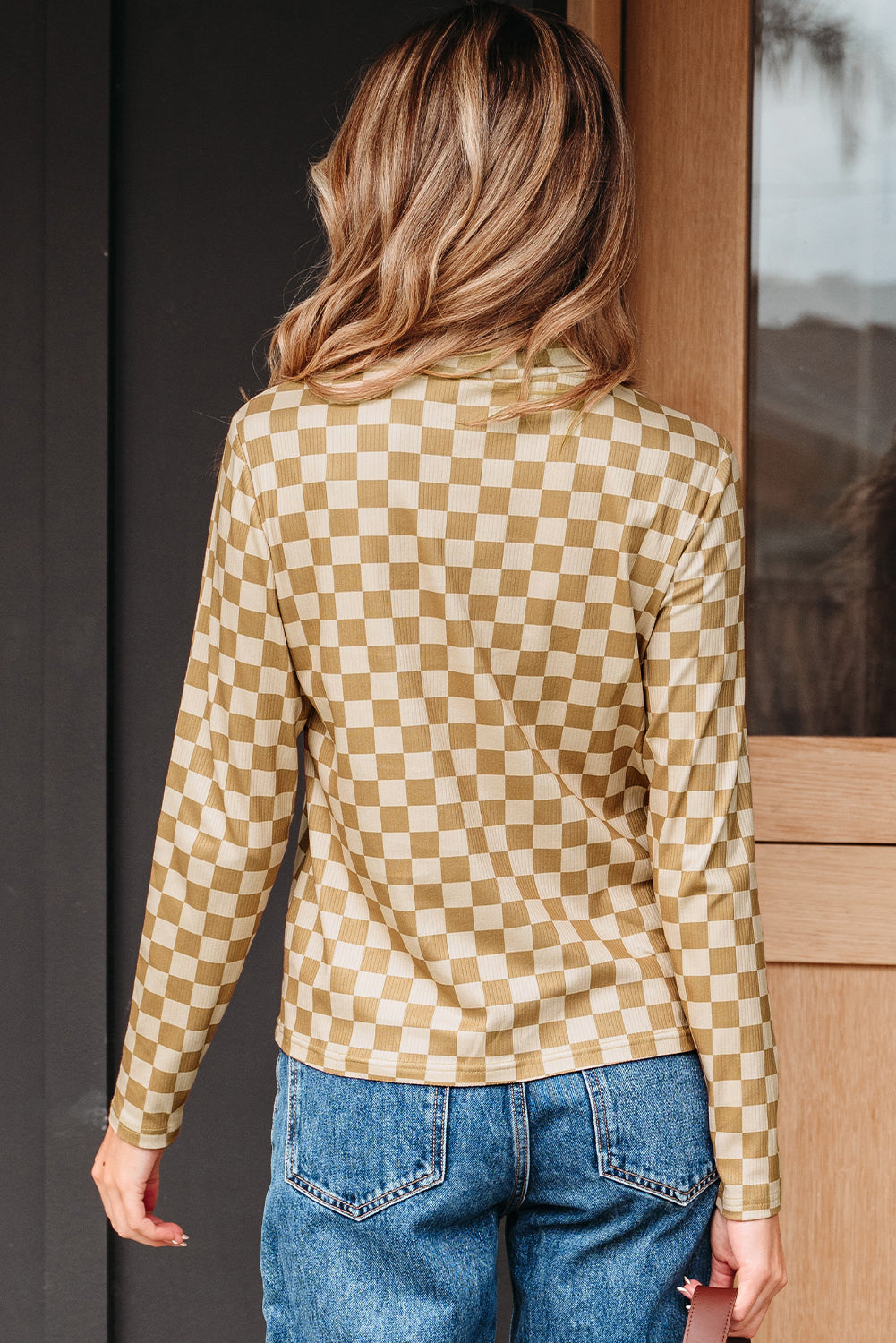 Khaki Check Pattern Turtleneck Ribbed Slim Long Sleeve Tee  Jo