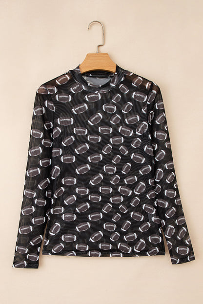 Black Game Day Rugby Mesh Sheer Long Sleeve Top