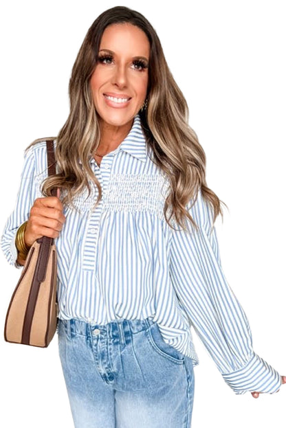 Sky Blue Stripe Shirred Detail Half Placket Collared Long Sleeve Fall Shirt