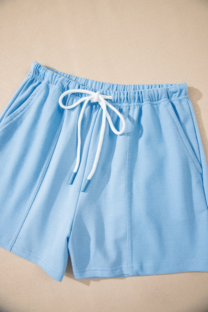 Mint Green V Neck Drop Shoulder Tee and Patchwork Drawstring Shorts Set