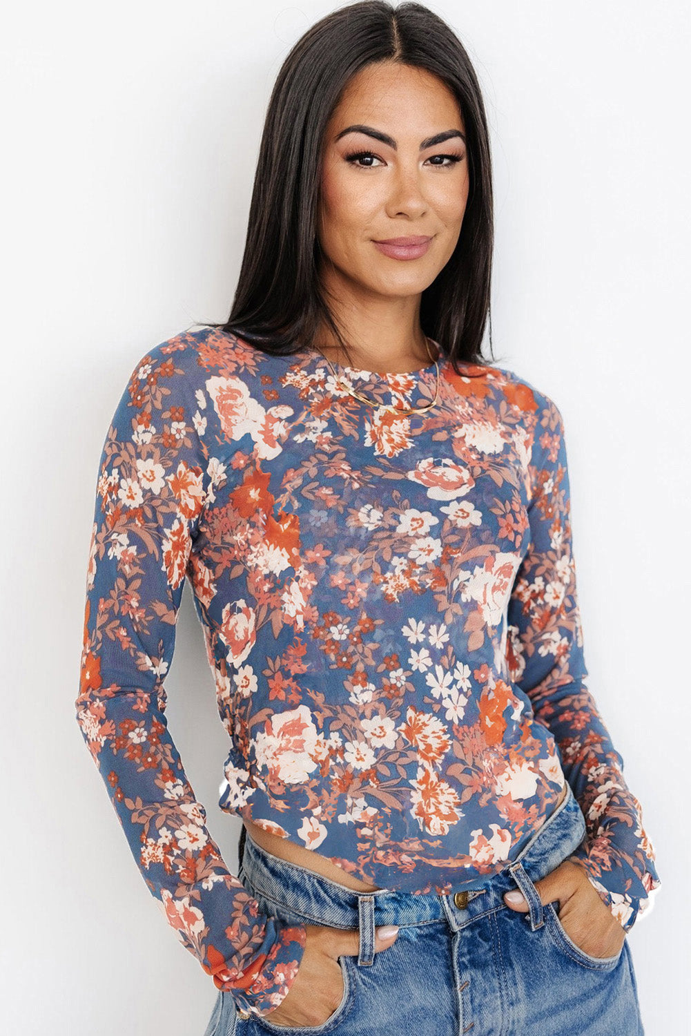 Green Floral Print Mesh Fitted Long Sleeve Top