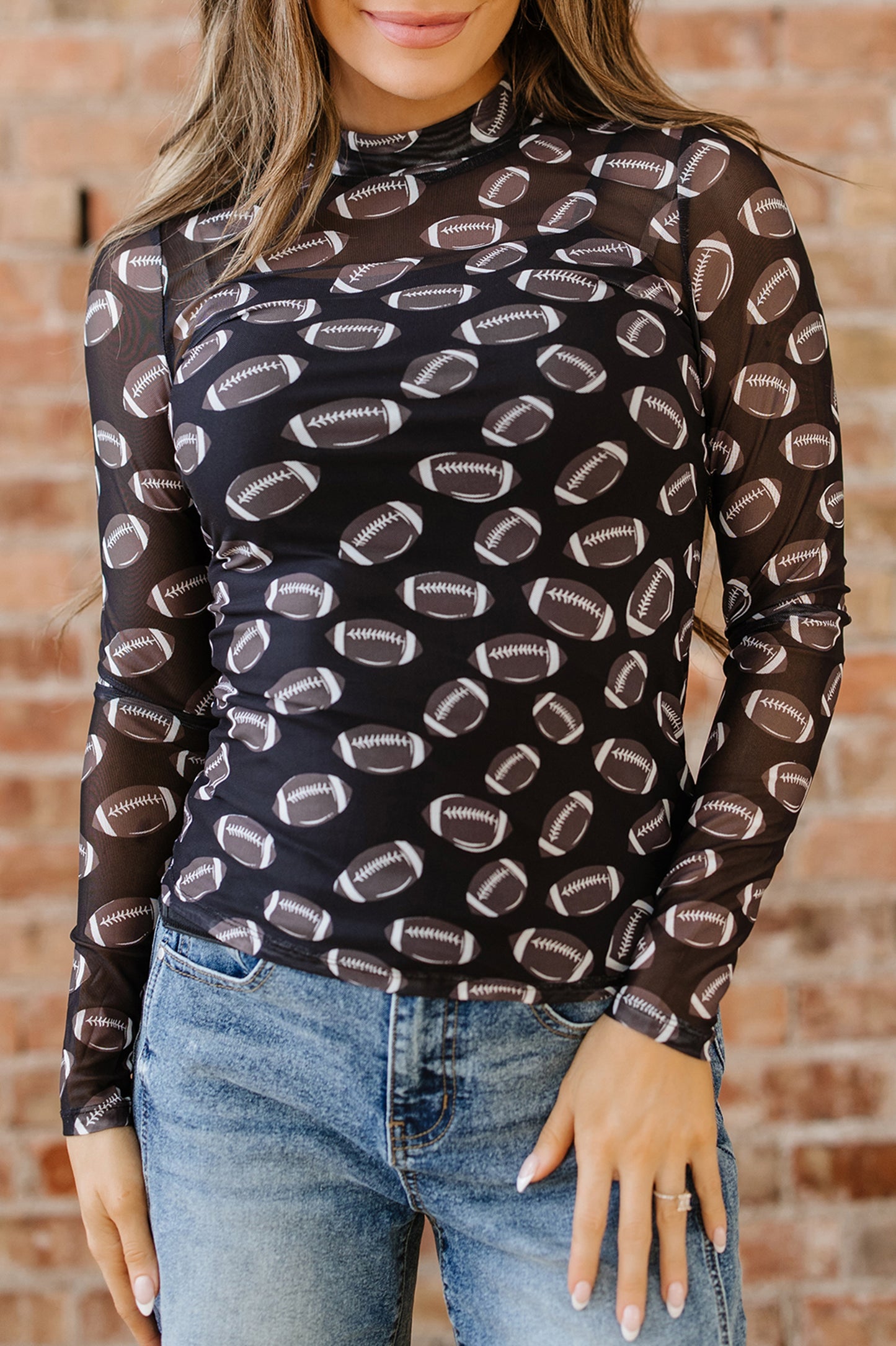 Black Game Day Rugby Mesh Sheer Long Sleeve Top