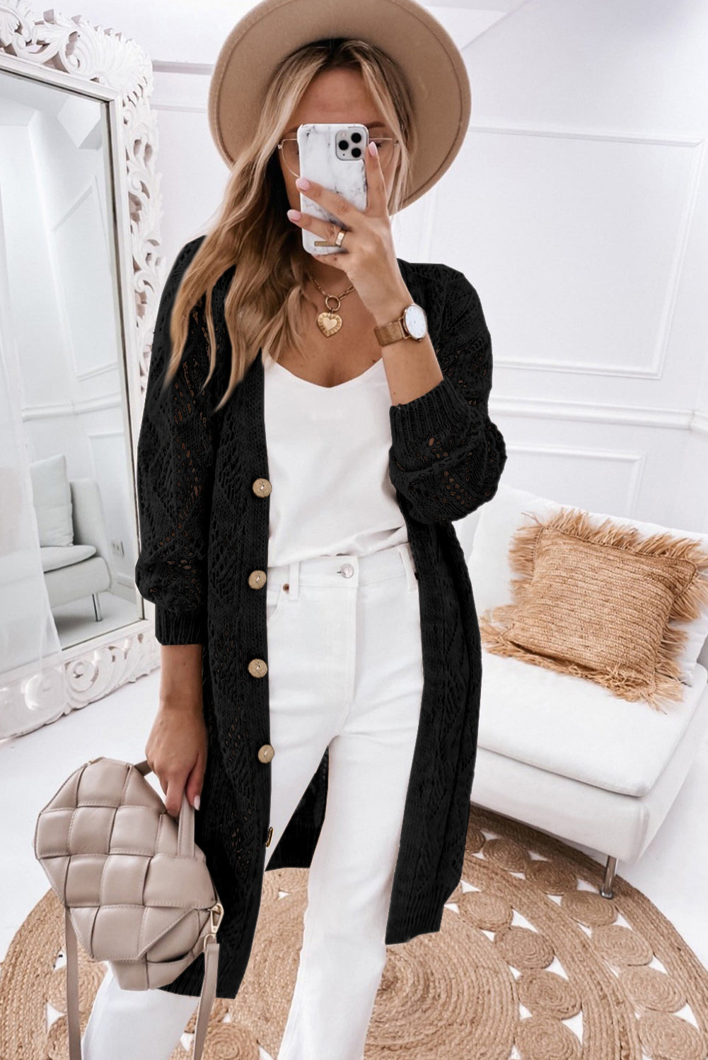 Gray Hollow-out Openwork Knit Cardigan