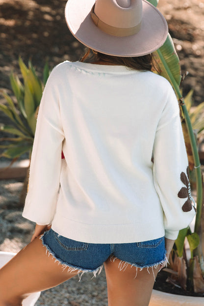 Coffee Big Flower Pattern V Neck Drop Shoulder Sweaterj