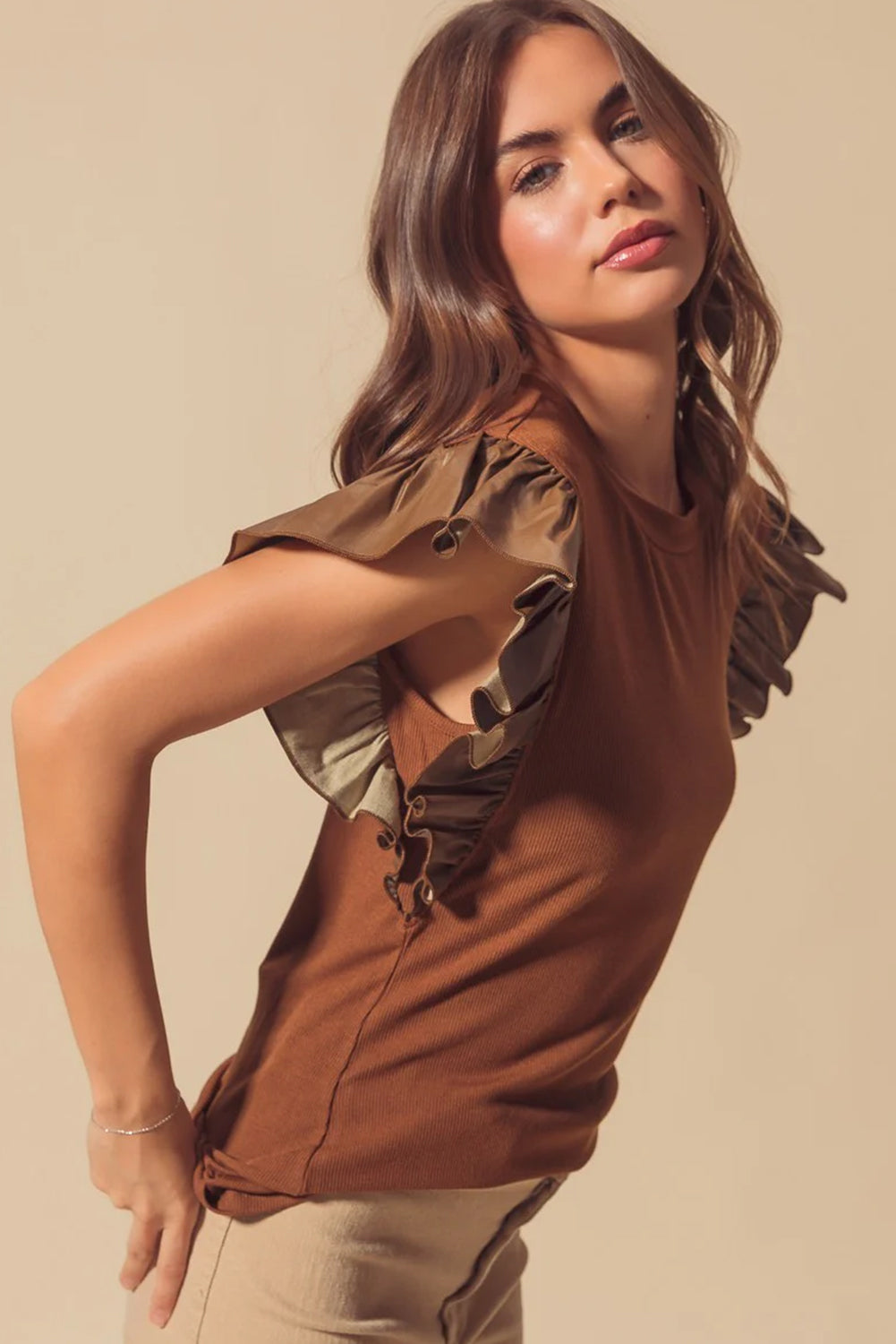Black Leather Ruffle Sleeve Patchwork Round Neck Blouse