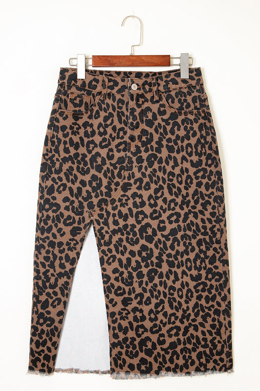 Brown Leopard Denim Frayed Split Denim Midi Skirt
