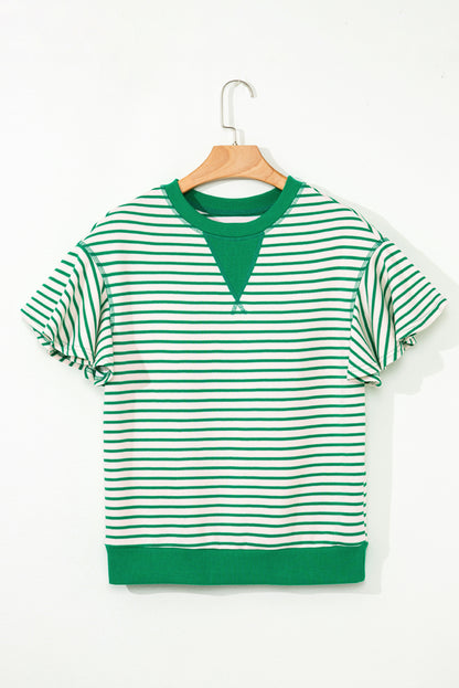 Contrast Detail Striped Ruffle Short Sleeve Top