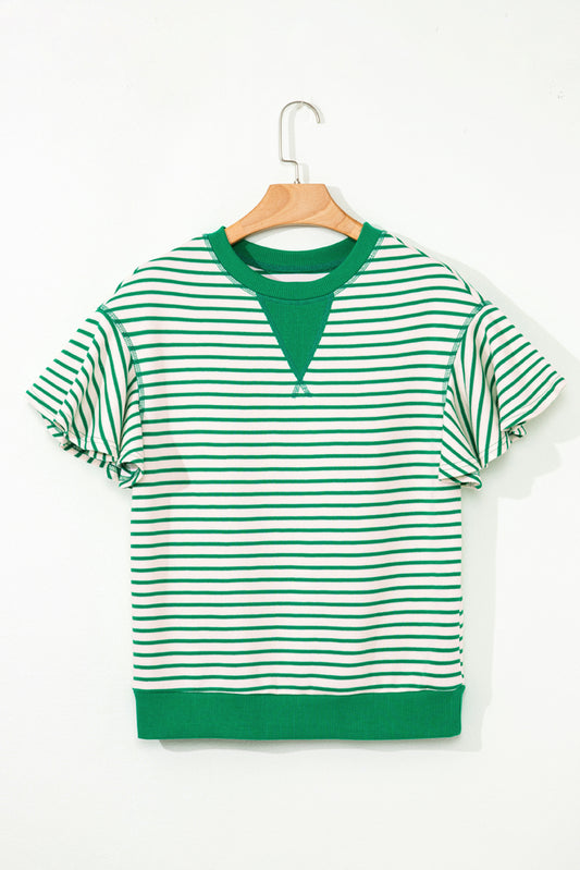 Contrast Detail Striped Ruffle Short Sleeve Top