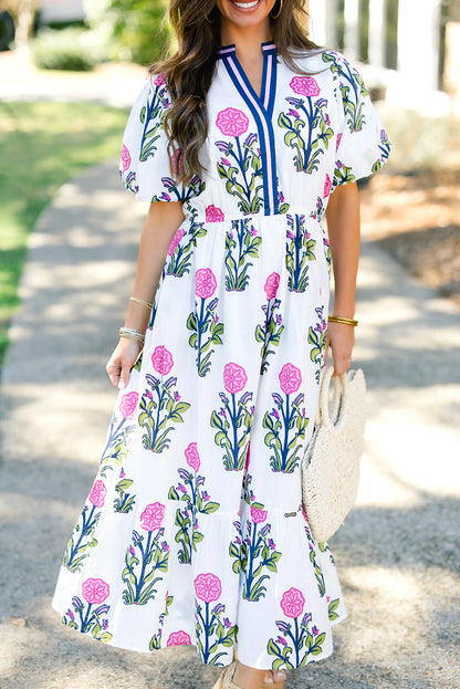 Sky Blue Floral Puff Short Sleeve V Neck High Waist Maxi Dress